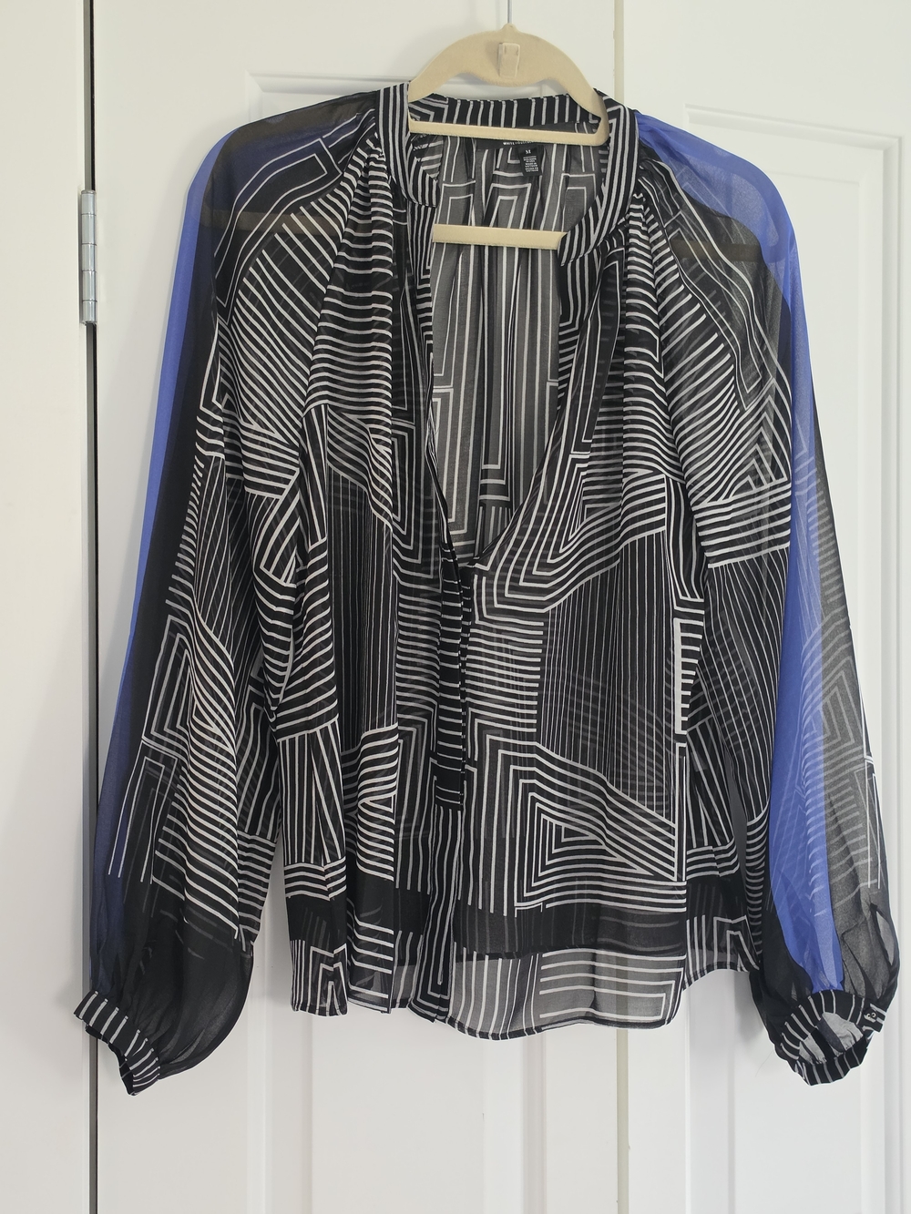 Sheer Black Geometric V-Neck Blouse